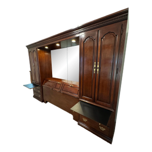 Vintage Thomasville Illuminated Cherry Queen Bed Unit- Headboard, Bridge, Nightstand Armoires, & Mirror