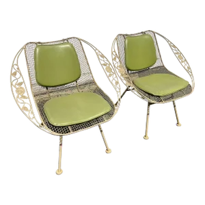 Mid Century Modern Sculptura Chantilly Rose Iron Patio Side Chairs with Original Cushions by Russell Woodard - Set of 2