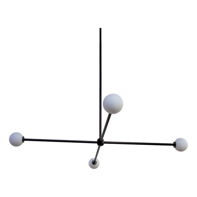 Globe Chandelier 4, Black, 32.5in H, 3 Inch Glass Globes, by Research.Lighting, Modern, Minimal Hanging Light For Sale