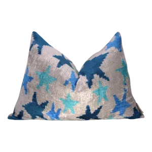 Contemporary Velvet Blue Star Throw Pillow With Down Insert