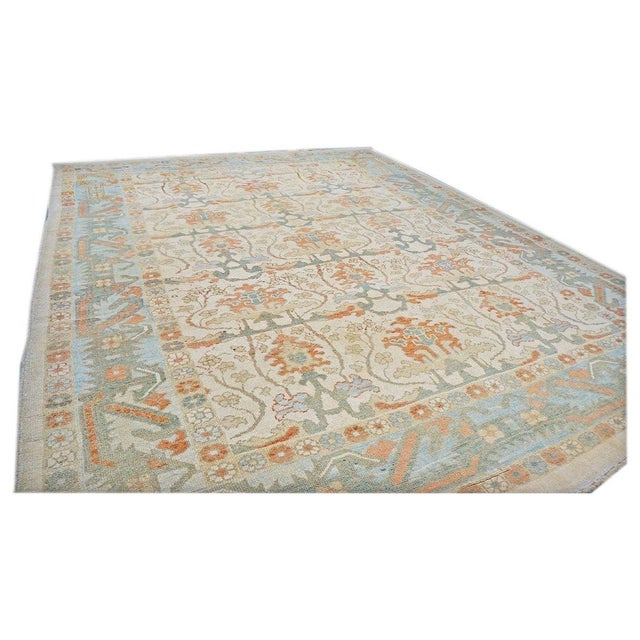 21st Century Turkish Wool Donegal 10X13 Ivory, Blue & Orange Handmade Area Rug #1140172 For Sale - Image 4 of 7