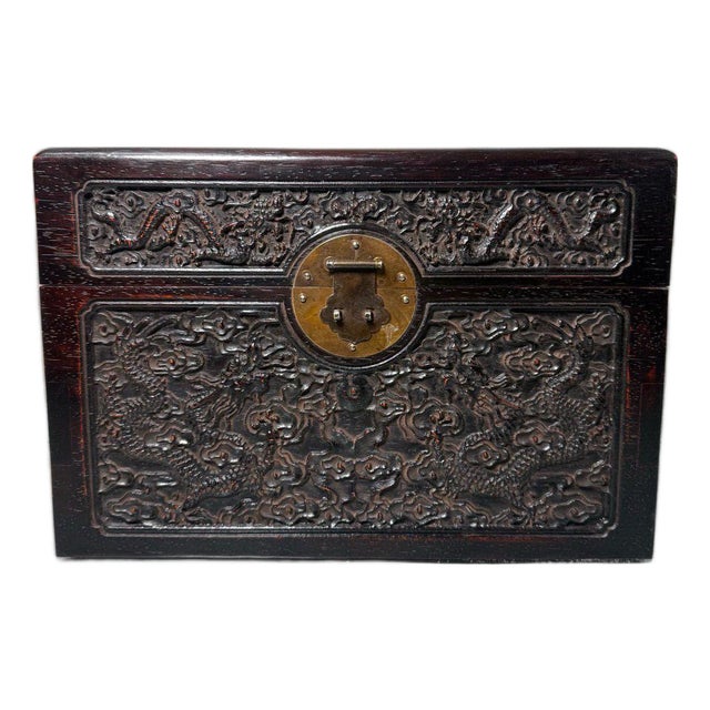 Carved Rosewood Dragon Chest Box, Chinese Keepsake Box For Sale