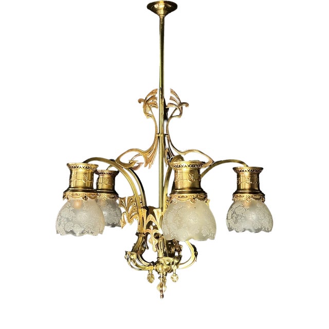 Antique Art Nouveau Chandelier in Brass and Bronze, 1890s For Sale