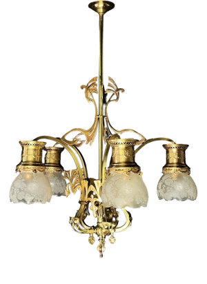 Antique Art Nouveau Chandelier in Brass and Bronze, 1890s