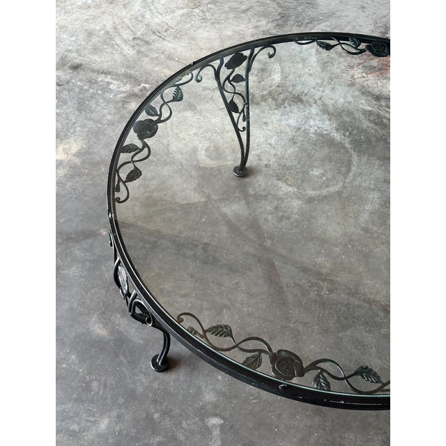 Mid 20th Century Black Wrought Iron Rose Patio Coffee Table With Round Glass Top by Woodard, Mid-20th Century For Sale - Image 5 of 14