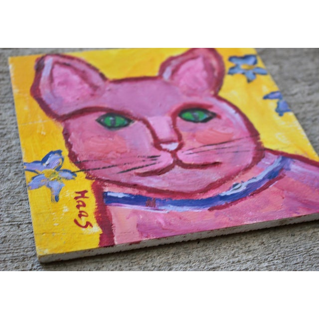 Modern Narratives Collection — Pink Cat With Green Eyes Original oil painting by L. Haas, 6 1/8 x 6 1/8 in unframed wood...