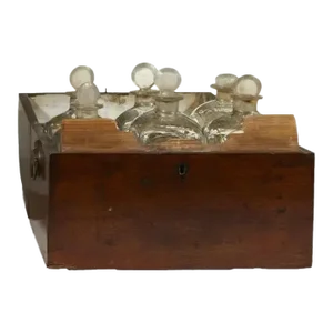 18th Century Antique Georgian Mahogany Box & Parcel-Gilt Glass Decanter Set 1790- 7 Pieces