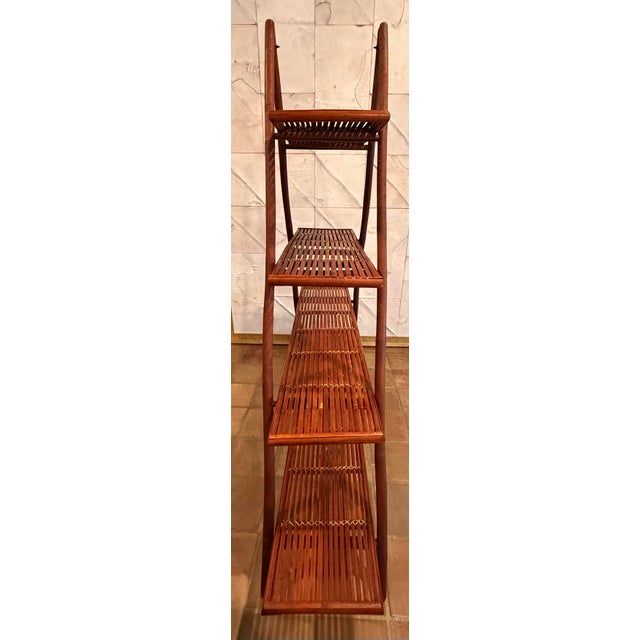 Mid-Century Modern Rare Mid-Century Style Bamboo, Rattan Foldable Wall, Book Shelf, Étagère With 4 Graduated Tiers in a Sculptural a-Frame Form For Sale - Image 3 of 12