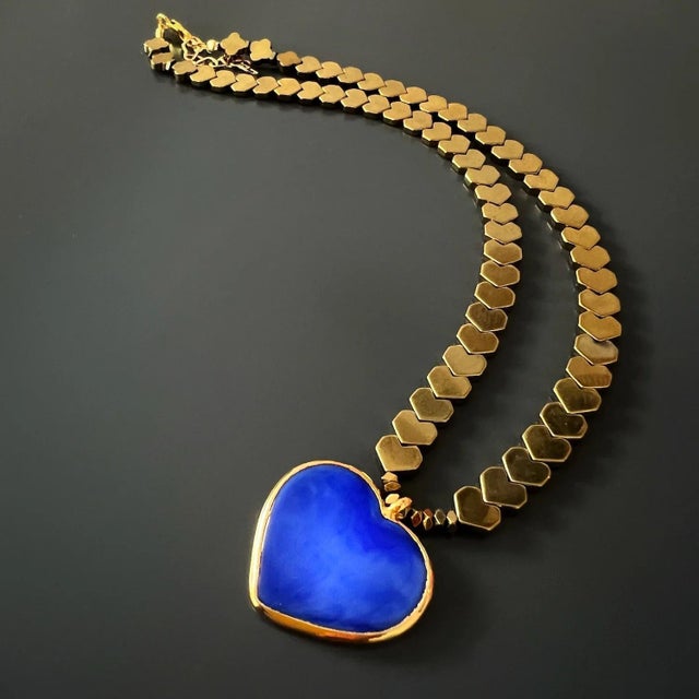 Metal Murano Glass Blue Heart Pendant Gold Hematite Happy Necklace For Sale - Image 7 of 10