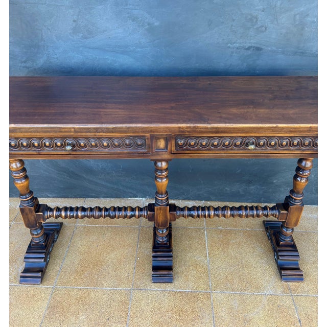 Spanish Carved Wood Console Table With Two Drawers Signed by Valenti For Sale - Image 6 of 16