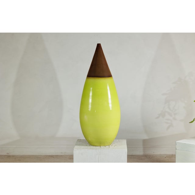 Late 20th Century Large Yellow and Brown Artisan Ceramic Vase with Teardrop Tapered Form For Sale - Image 17 of 18