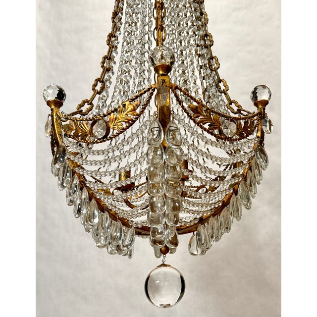 Mid 20th Century Hollywood Regency Gilt Metal & Crystal Beaded Basket Chandelier For Sale - Image 4 of 9