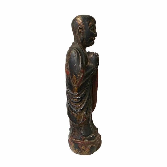 2010s Chinese Distressed Black Brown Lacquer Wood Standing Monk Lohon Figure For Sale - Image 5 of 6