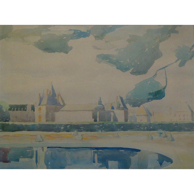 Midcentury abstracted watercolor painting of a French castle done in soft shades of blue, green, gray, purple, and tan. A...