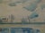 Midcentury abstracted watercolor painting of a French castle done in soft shades of blue, green, gray, purple, and tan. A...