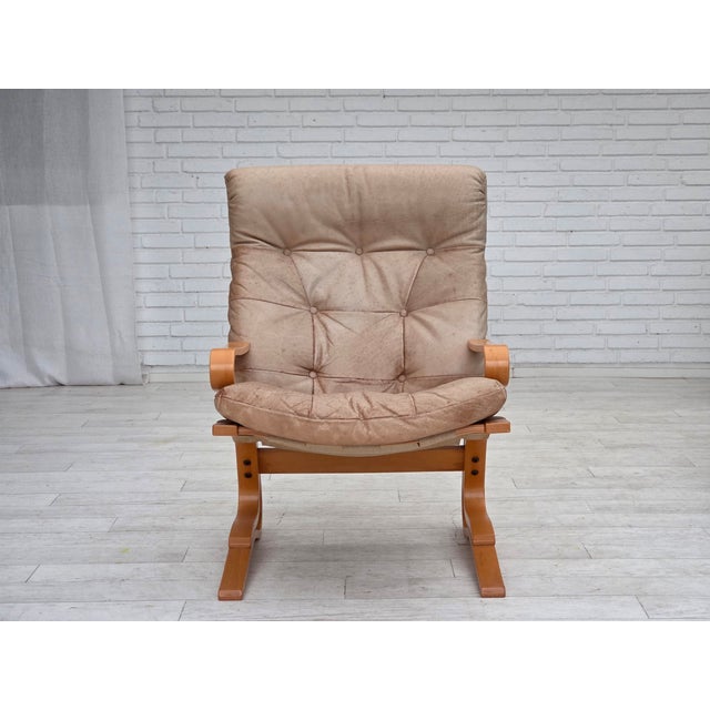 1970s, Norwegian armchair, model "Kengu". Original beige furniture leather, bent wood, canvas. Original very good...