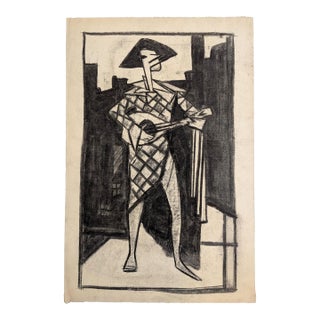 Vintage Mid-Century Cubist Harlequin Musician Charcoal Drawing, Unsigned For Sale