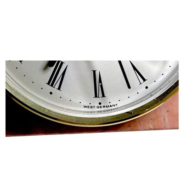 Gemstone Art Deco Staiger Quartz West Germany Mantel Clock Half-Moon Pink Marble Base For Sale - Image 7 of 9