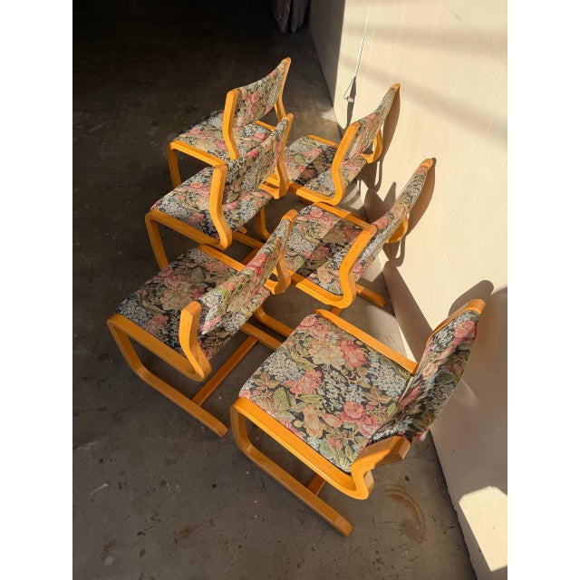 Beautiful set of six vintage Danish Modern dining chairs by Gevaldi, made in Denmark. These feature sculptural bentwood...