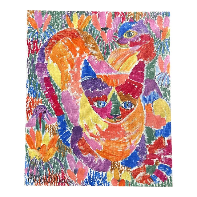 1960s Artist Ella Wharton Alluisi "Horned Cat" 1136 Original Mid Century Painting 20x24 For Sale
