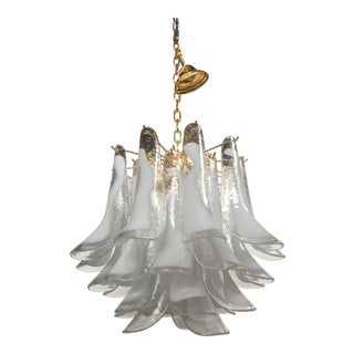Italian Sella White and Transparent Gold Metal Frame Murano Glass Chandelier For Sale