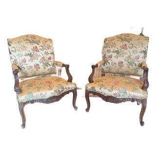 Pair of Antique French Louis XV Carved Walnut Bergère Armchairs For Sale