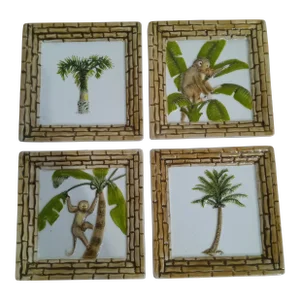1990s Ceramic Faux Bamboo Tropical Monkey Chelsea House Style Small Trinket Catchall Plates- Set of 4