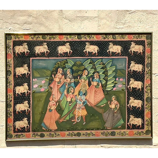 Late 20th Century Vintage Indian Pichwai Folk Art Painting on Silk For Sale - Image 5 of 14