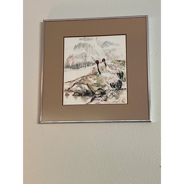 Framed Signed Red Crowned Crane Watercolor Painting For Sale - Image 4 of 5