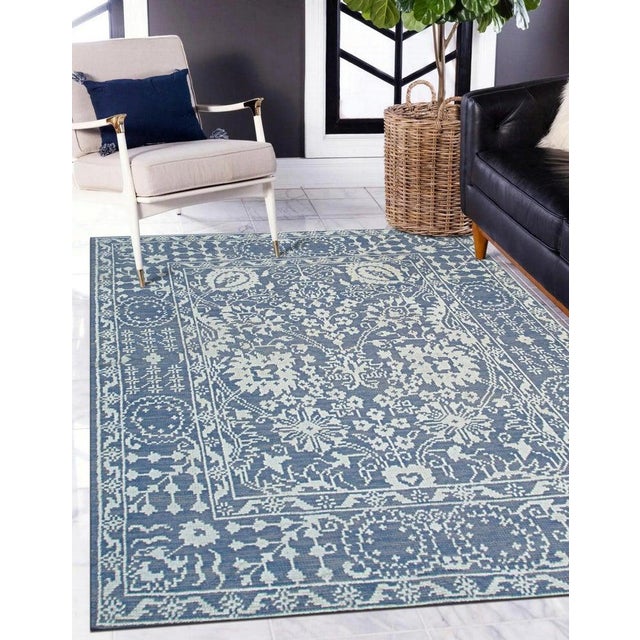 8x10 Blue Hand-Knotted Wool Bamboo Silk Framed Floral Garden Geometric Carpet For Sale - Image 12 of 13