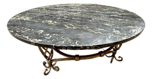 Italian Round Portoro Marble Coffee Table With Wrought Base
