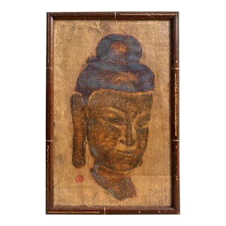 Vintage Framed Buddha Temple Stone Rubbing Art With Red Seal & Bamboo-Style Frame For Sale