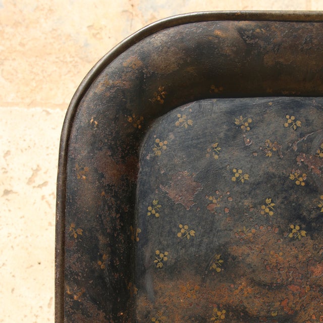 Large antique sheet metal tray. Rectangular shape with rounded corners, simple and timeless. Dark gray with rust...