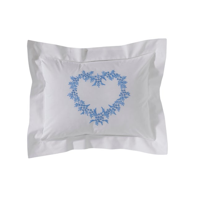 Shabby Chic Boudoir Pillow Cover, Embroidered With Hem Stitch Border - Heart (Wedgewood Blue) For Sale - Image 3 of 5