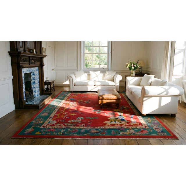 1920s Red Floral Vase Antique Chinese Art Deco Carpet 9' X 11' 8'' Handknotted Wool Rug For Sale - Image 10 of 12