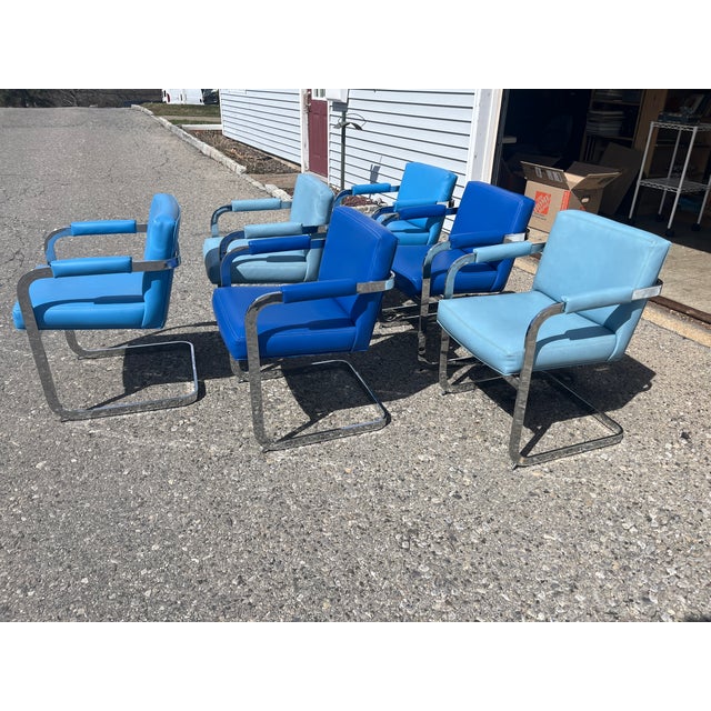 Mid-Century Modern 1970s Set of Mid-Century Modern Deep Blue Milo Baughman Thayer Coggin Cantilever Dining Chairs For Sale - Image 3 of 7