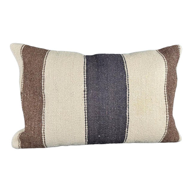 Turkish Hemp Pillow Cushion Natural Beige Black Pillow Cushion Cover 16" x 24" For Sale