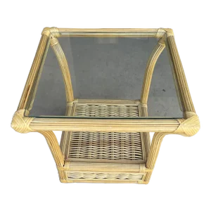 Palm Beach Style Woven Rattan Glass Top Side Table