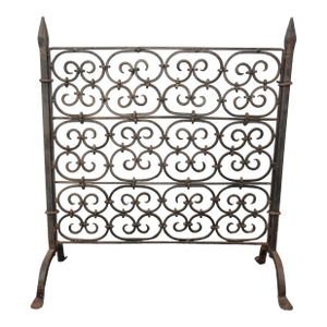 Vintage French Country Black Wrought Iron Fireplace Screen W Spear Tip Finials