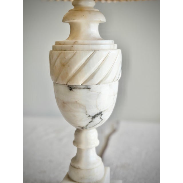 Alabaster Vintage Italian Neoclassical Style Carved Alabaster Table Lamp With Pleated Lamp Shade For Sale - Image 8 of 11