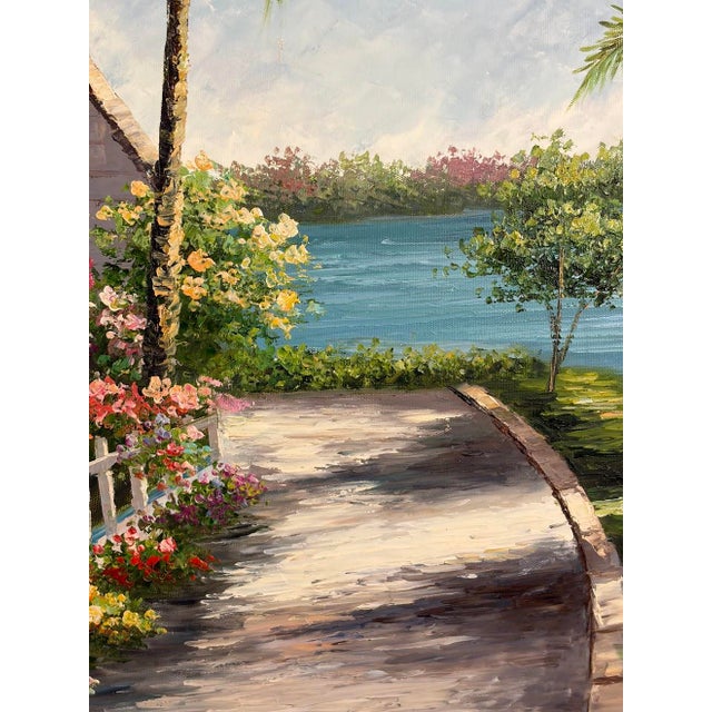 Traditional Large Mid-Century Style Coastal Tropical Palm Tree Landscape Oil Painting - Framed Fine Art For Sale - Image 3 of 10