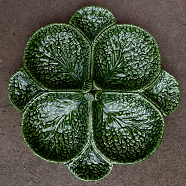 Vintage green cabbage textured majolica 8 section serving platter. Made by Subtil in Portugal in the 1980s.