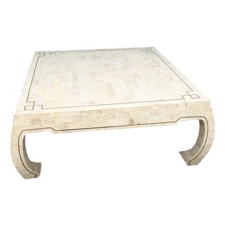 Vintage Ming Style Tessellated Stone Coffee Table With Brass Inlay For Sale