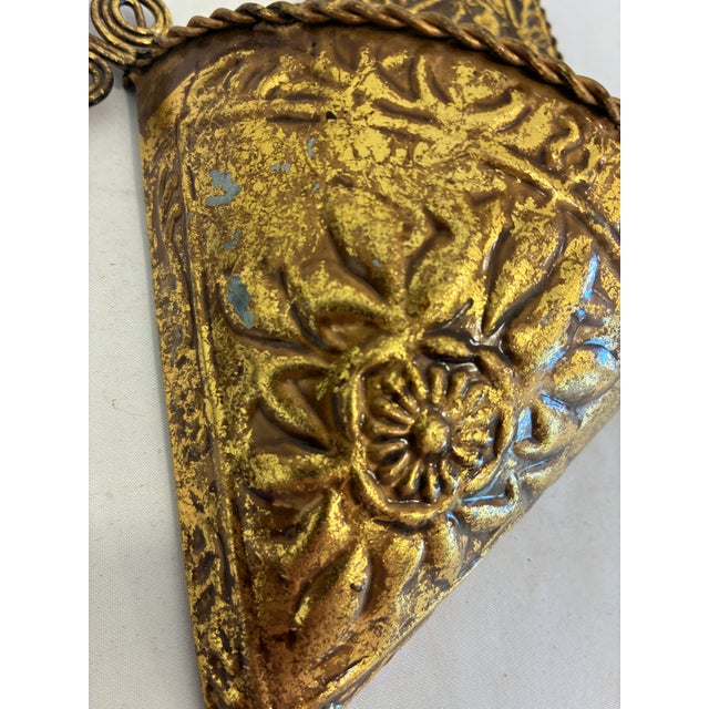 Late 20th Century Vintage Gold Embossed Floral Metal Wall Pocket For Sale - Image 5 of 9
