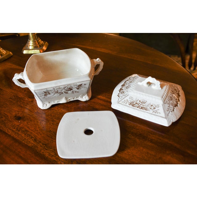 Late 19th Century Antique 1889 Johnson Brothers England Sylvan Brown Transferware Sardine Box W Drainer | 3-Piece Lidded Butter Tub Tureen For Sale - Image 5 of 10