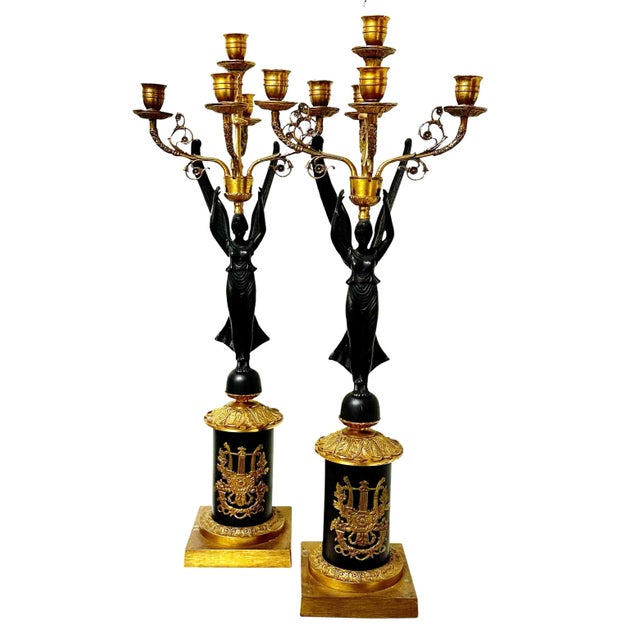 A fabulous pair of circa 1940s Italian candlesticks with five candleholders. Hollywood Regency in the empire style, dore...
