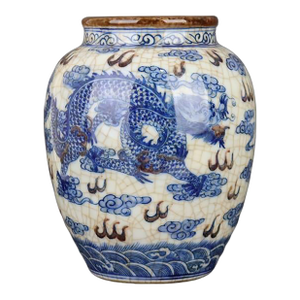 Chinese Vintage Ceramic Pot,Qing Dynasty Kangxi Marked Blue and White Underglaze Red Porcelain Jar Hand Painted Cloud Dragon Pattern