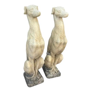 Pair of Cast Stone Seated Greyhound Garden Statues For Sale