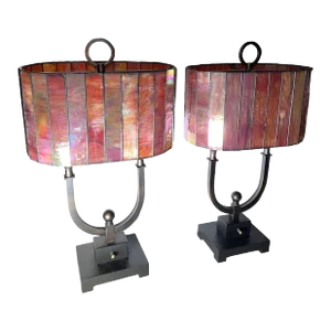 20th Century Oval Shaded Stain Glass Lamps - a Pair