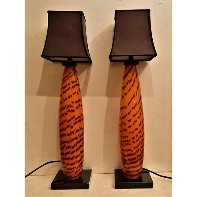 Very rare pair of art glass table lamps made in murano and signed by Cenedese Beautiful rare tiger pattern bodies with...